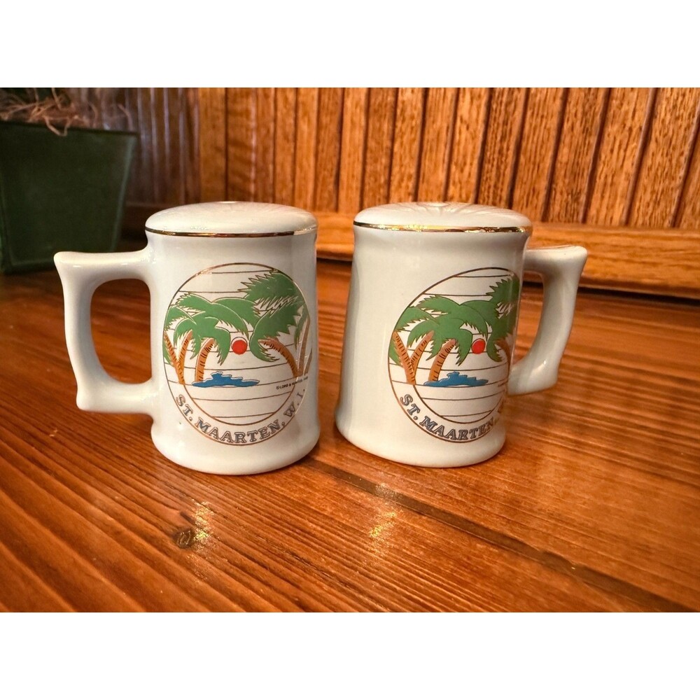 Vintage St Maarten Salt Pepper Shakers Palm Tree Caribbean Souvenir Set